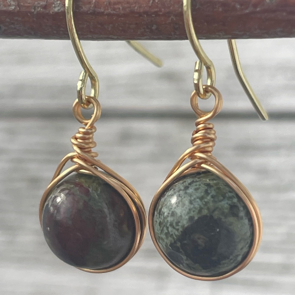 HAND MADE dragons blood wire wrapped dangle earrings